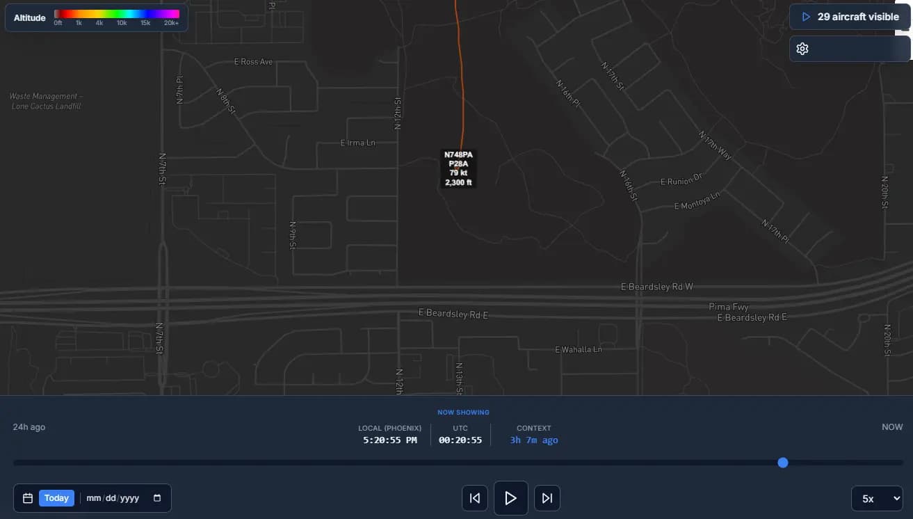 Noise complaint investigation tool with flight path replay and altitude data